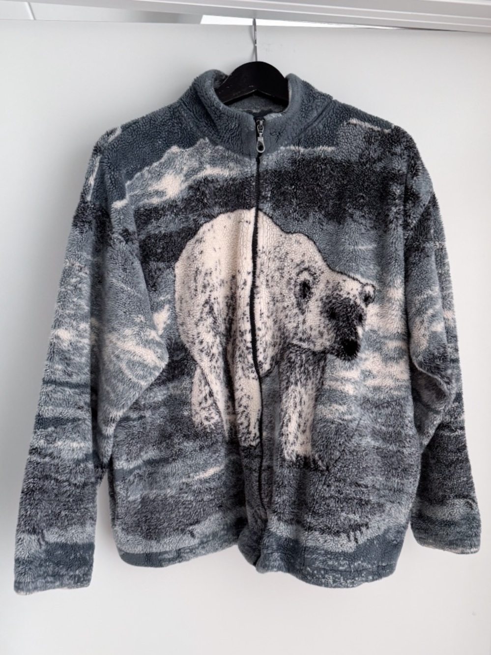 Vtg 90s Black Mountain Fleece Jacket L Polar Bear Wildlife AOP USA Made Flaws